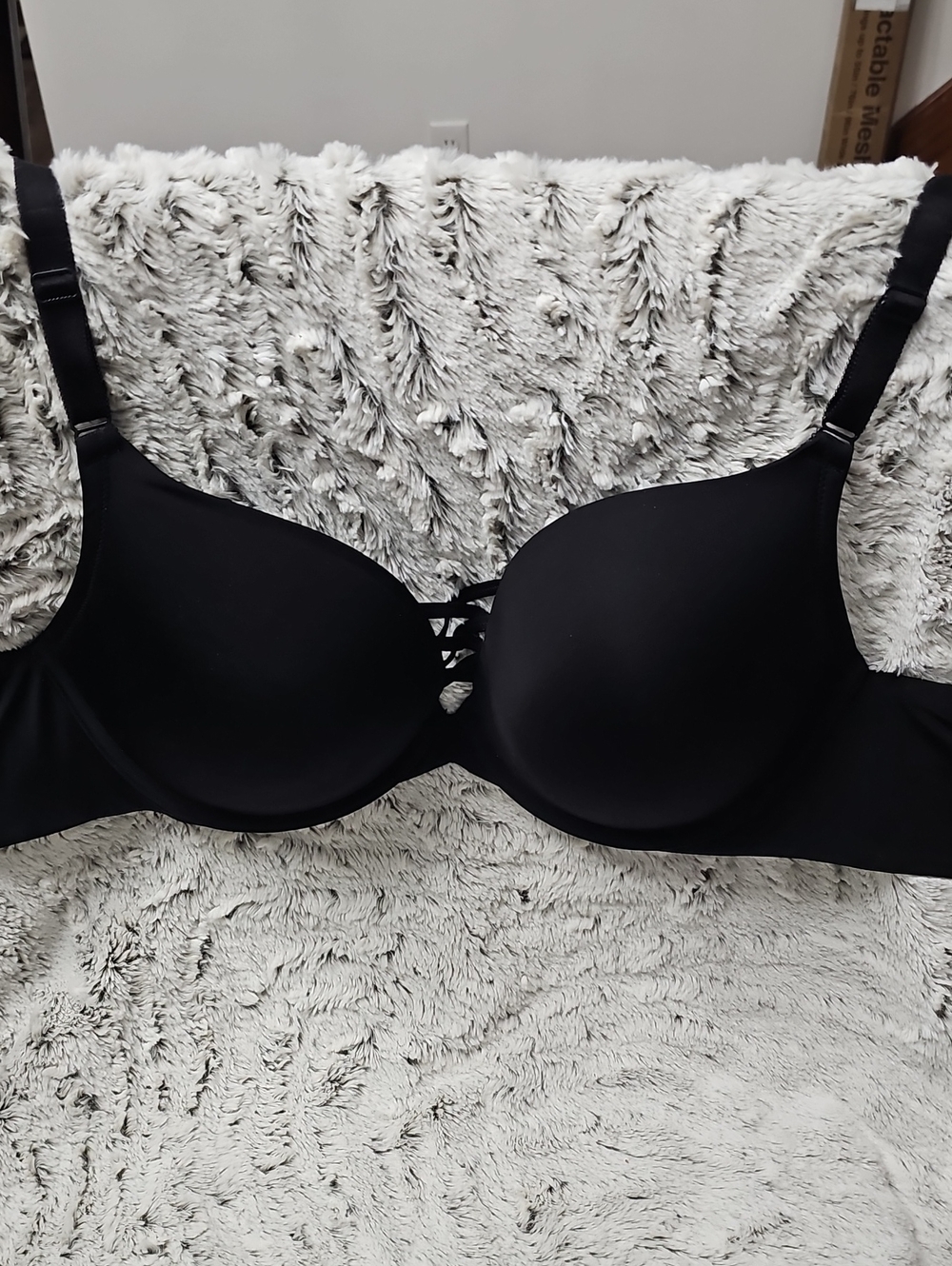 Black Padded Underwire Bra with Decorative Strappy Center